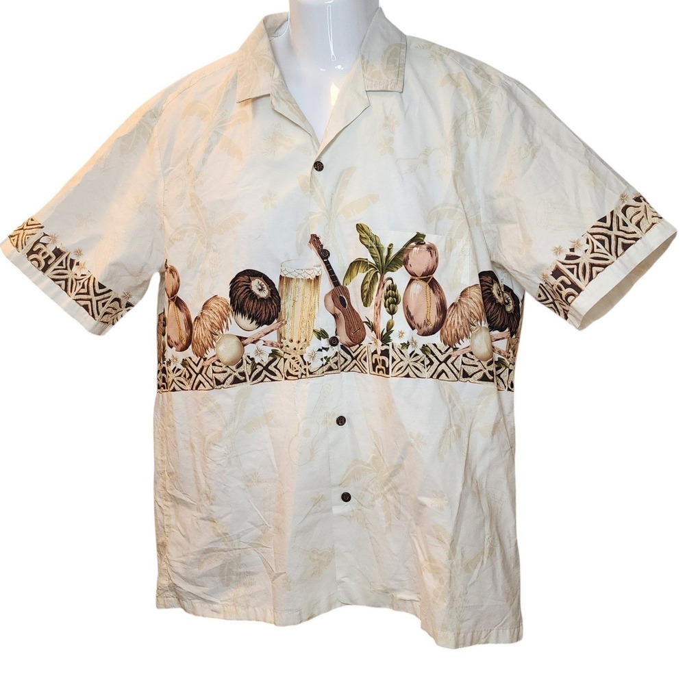 Royal Creations Hawaiian Shirt XL Cream Border Print Ukulele Tapa Made Hawaii